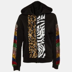 Alice + Olivia Jeans Black Cotton Knit Embellished Zip Front Hoodie M