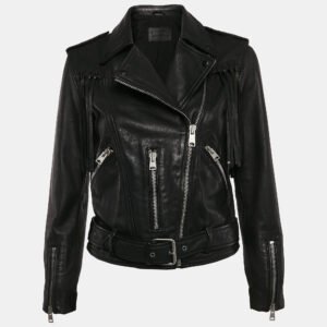 All Saints Black Leather Zip-Up Tassel Detail Balfern Biker Jacket S
