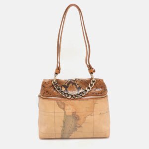 Alviero Martini 1A Classe Tan Geo Canvas and Python Embossed Leather Top Handle Bag