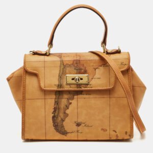 Alviero Martini 1A Classe Tan Geo Print Coated Canvas and Leather Flap Top Handle Bag