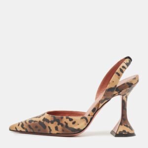 Amina Muaddi Brown Leopard Print Satin Holli Slingback Pumps Size 35