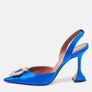 luxury-women-amina-muaddi-used-shoes-p1152448-010 Amina Muaddi Blue Satin Begum Crystal Embellished Slingback Pumps Size 41