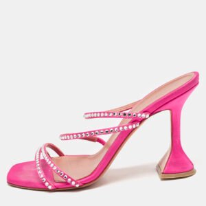 Amina Muaddi Pink Satin Naima Crystals Slide Sandals Size 38.5