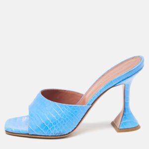 Amina Muaddi Blue Croc Embossed Leather Lupita Slide Sandals Size 38