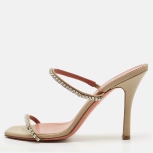 Amina Muaddi Grey Leather Crystal Embellished Gilda Slide Sandals Size 36.5