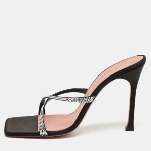 Amina Muaddi Black Satin Crystal Embellished Crisscross Adriana Slide Sandals Size 40