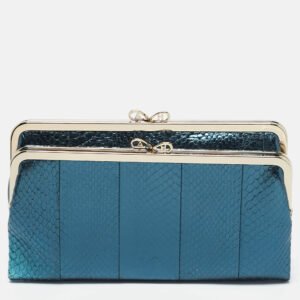 Anya Hindmarch Metallic Blue Watersnake Double Frame Clutch