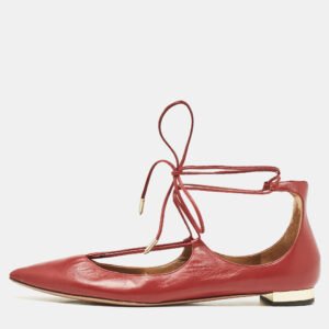 Aquazzura Red Leather Christy Ankle Tie Ballet Flats Size 40
