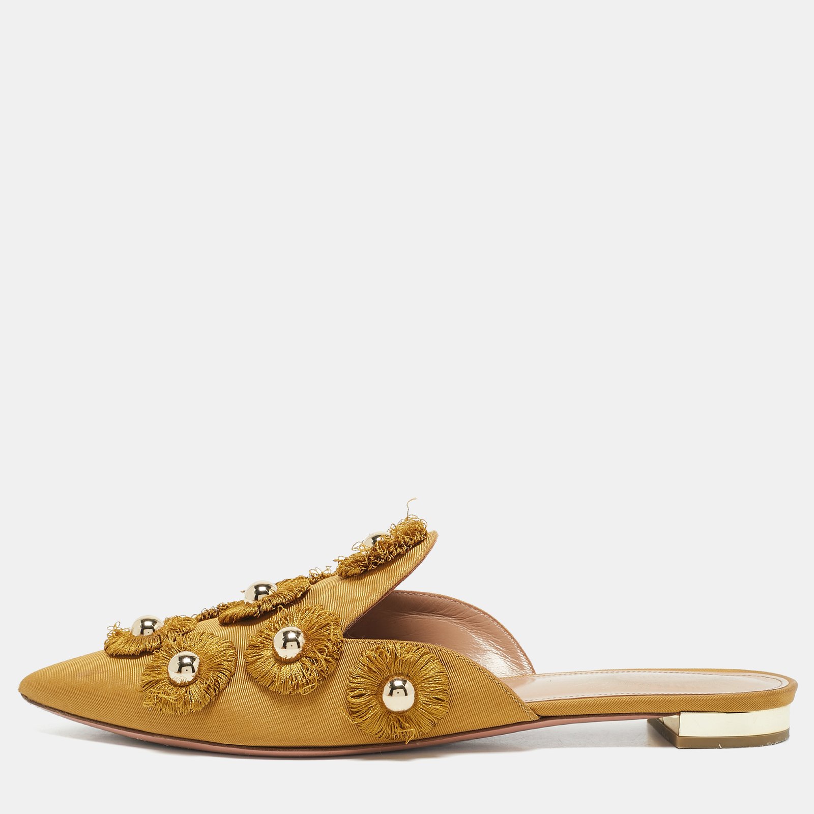 Aquazzura Yellow Fabric Sunflower Pointed Toe Flat Mules Size 38