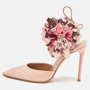 Aquazzura Pink Suede Disco Flower Embellished Ankle Tie Sandals Size 36.5