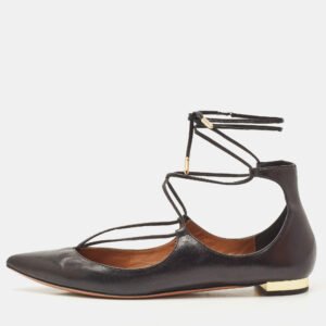 Aquazzura Black Leather Christy Lace Up Pointed Toe Ballet Flats Size 39