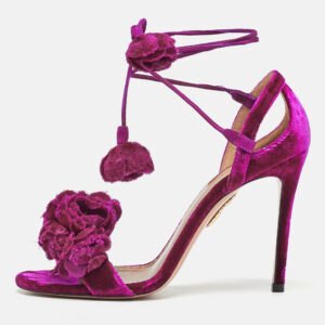 Aquazzura Exotic Pink Velvet Wild Flower Ankle Wrap Sandals Size 36.5