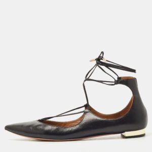Aquazzura Black Leather Christy Ankle-Wrap Ballet Flats Size 40.5