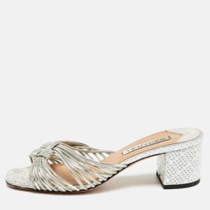 Aquazzura Metallic Silver Leather Club Twist Slide Sandals Size 36