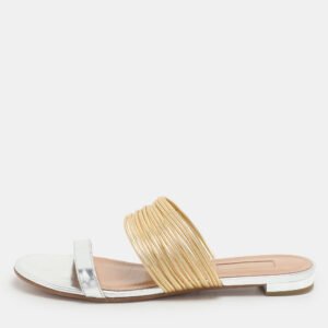 Aquazzura Silver/Gold Leather Rendez Vous Flat Slides Size 37