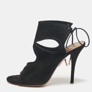 Aquazzura Black Cutout Suede Sexy Thing Peep Toe Sandals Size 37.5