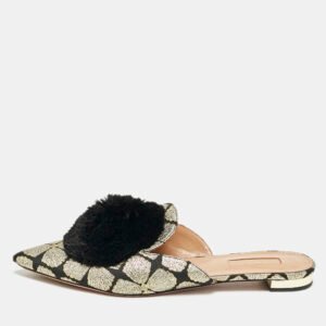 Aquazzura Black/Gold Floral Lurex Fabric Powder Puff Pom Pom Flat Mules Size 39