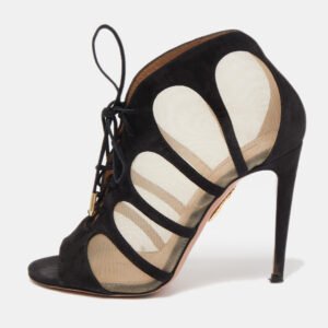 Aquazzura Black Lace And Suede Lace Up  Booties Size 36.5