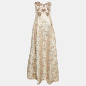 Badgley Mischka Gold Sequin Embellished Brocade Strapless Gown L