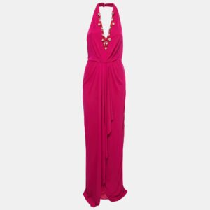 Badgley Mischka Pink Stretch Jersey Embellished Halter Gown M