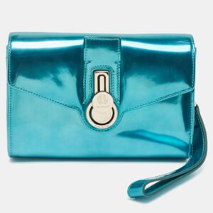 Baldinini Metallic Blue Patent Leather Flap Wristlet Clutch