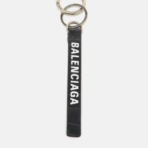 Balenciaga Dark Grey Crocodile Embossed Leather Logo Key Chain