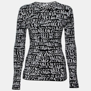 Balenciaga White & Black Wavy Logo Knitted Crew Neck Top XS