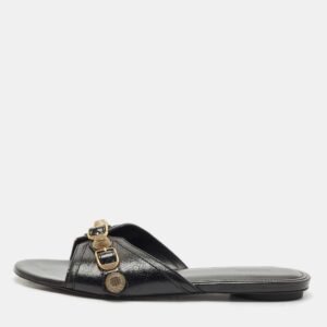 Balenciaga Black Leather Studded Cagole Flat Slides Size 39