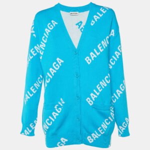 Balenciaga Blue All Over Logo Intarsia Knit Cardigan S