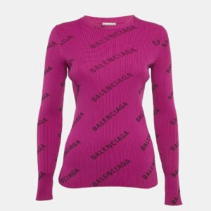luxury-women-balenciaga-used-clothes-p1117998-002 Balenciaga Purple Logo Print Rib Knit Long Sleeve Jumper M