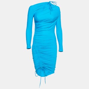 Balenciaga Blue Jersey Ruched Asymmetric Mini Dress S