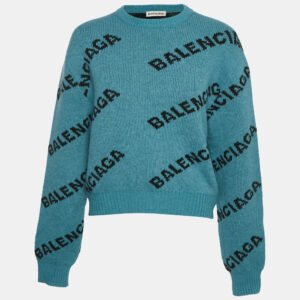 Balenciaga Blue Logo Intarsia Wool Crewneck Sweater M