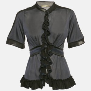Balenciaga Navy Blue Silk Jersey Ruffled Top M
