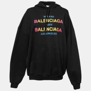Balenciaga Black Cotton Multi-City Logo Print Hooded Sweatshirt M