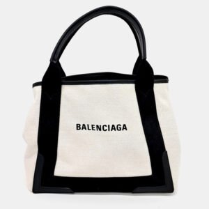 Balenciaga Beige Black Fabric Cabas Tote Bag