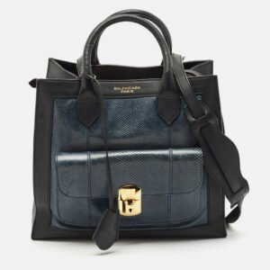 Balenciaga Black/Navy Blue Leather and Lizard Padlock All Afternoon Tote