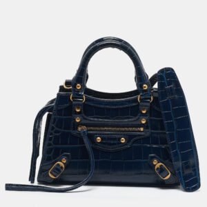 Balenciaga Navy Blue Croc Embossed Leather Mini Neo Classic City Tote