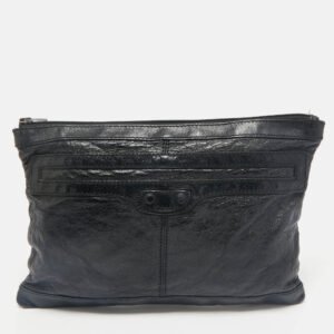 balenciaga black leather arena classic clip m clutch