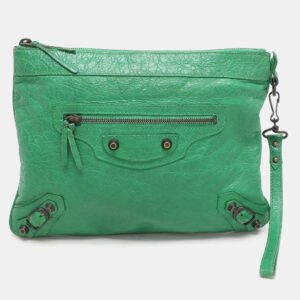 Balenciaga Green Leather Flat Clutch