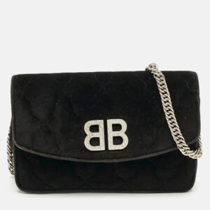 Balenciaga Black Quilted Velvet BB Crystals Wallet On Chain