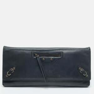 balenciaga navy blue leather papier long clutch