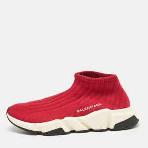 Balenciaga Red Knit Fabric Speed Trainer Slip On Sneakers Size 40