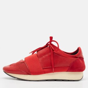 Balenciaga Red Leather  and Suede Race Runner Lace Up Sneakers Size 38