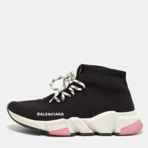 Balenciaga Black Knit Fabric Speed Trainer Lace up Sneakers Size 37