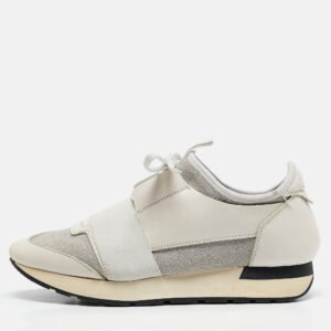 Balenciaga White Leather and Metallic Lurex Fabric Race Runner Sneakers Size 38