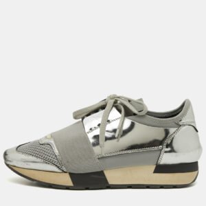 Balenciaga Silver Leather and Mesh Race Runner Sneakers Size 36