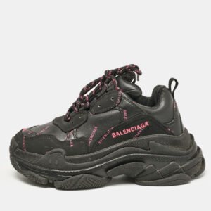 Balenciaga Black Faux Leather Triple S All Over Logo Sneakers Size 36