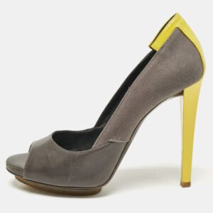 Balenciaga Grey Canvas and Leather Peep Toe Pumps Size 37.5