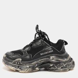 Balenciaga Black Leather and Mesh Triple S Distressed Low Top Sneakers Size 37