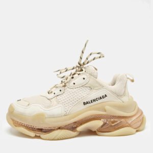 Balenciaga White/Grey Faux Leather and Mesh Triple S Low Top Sneakers Size 38